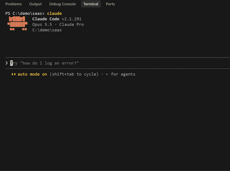 Demo: one project paragraph in, two setup questions, a complete .claude/ harness out